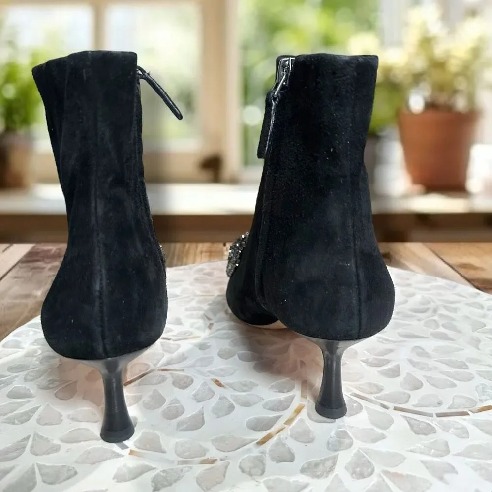 Tory Burch $498 Embellished Crystal Bow Leather Suede Ankle Booties Boots Shoes